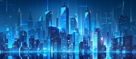 Obraz premium Skyscrapers of a smart city, futuristic financial district, graphic perspective of buildings and reflections. generative AI.