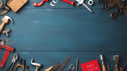 Top view design concept of Father's day with working tools on blue background.