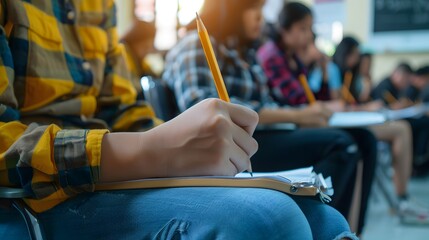 soft focus front view undergraduate holding pencil writing on paper answer sheet and sitting on lecture chair doing final exam attending in examination room or classroom - Powered by Adobe