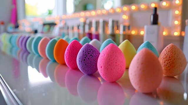 A row of colorful makeup sponges on a white counter. The sponges are arranged in a line, and the image is taken from a low angle.