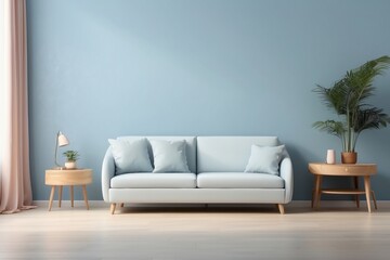 Interior home of living room with blue sofa and green plants on pastel blue wall copy space, plywood floor
