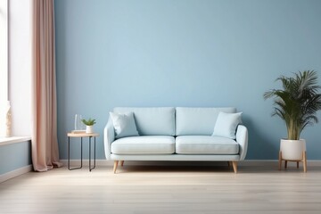 Interior home of living room with blue sofa and green plants on pastel blue wall copy space, plywood floor