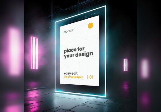 Neon Foggy Night Scene Poster Mockup Generative Ai
