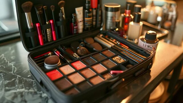 A black makeup case is open, revealing a variety of makeup products, including brushes, palettes, and lipstick. The case is sitting on a table.