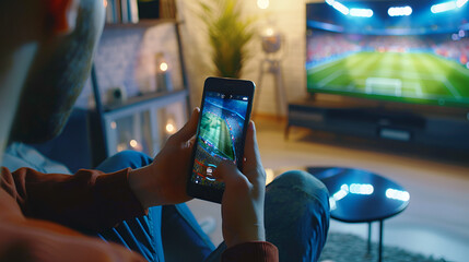 Close up of man holding smartphone with sports bets app to camera while watching football match at home copy space : Generative AI