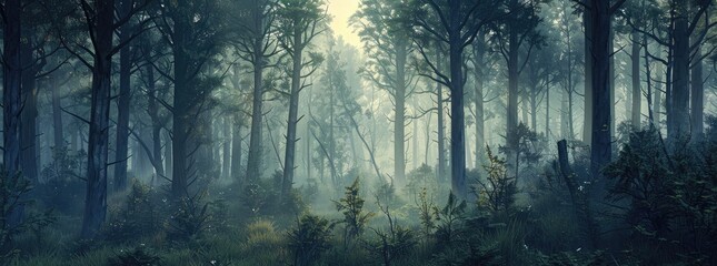 3D render of a dense forest with tall trees on a foggy day in a fantasy, photorealistic, - Powered by Adobe