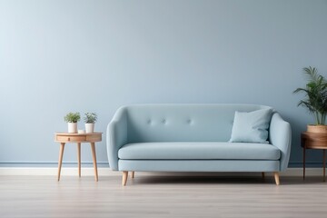 Interior home of living room with blue sofa and green plants on pastel blue wall copy space, plywood floor