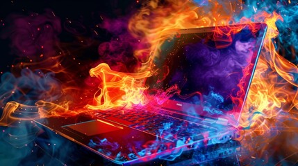 Laptop in colorful splashes around it, power and durability of the laptop on a black background