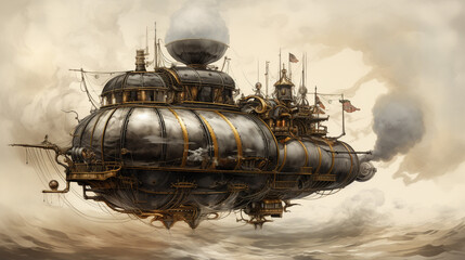 Steampunk airship emerging from swirling smoke an abstract background