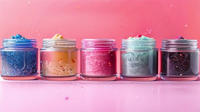 Five glass jars of colorful sugar scrubs, arranged in a row on a pink background.