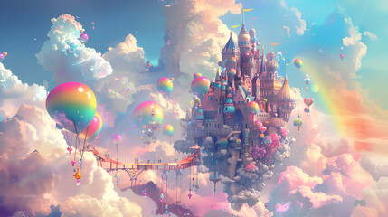 A giant balloon castle floats in the rainbow-colored clouds, adorned with whimsical wind chimes and colorful balloons. Generative AI.