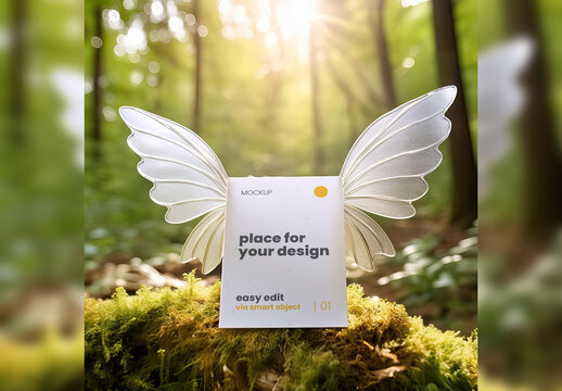 Page Mockup with fairy wings in the forest 01 Generative Ai