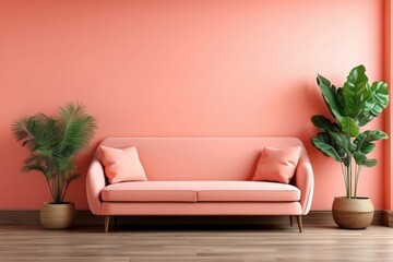 Interior home of living room with sofa and green plant on coral color wall copy space, hardwood floor