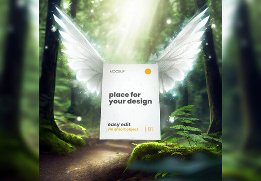 Page Mockup with fairy wings in the forest 02 Generative Ai