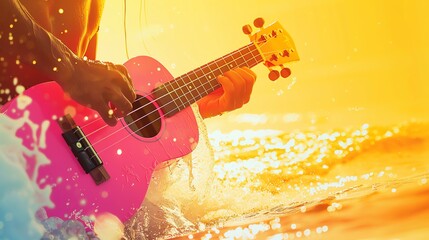 A beautiful woman playing the ukulele on the beach at sunset.