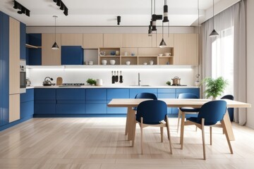 Fototapeta premium Interior home of kitchen with blue furniture on white wall, hardwood floor