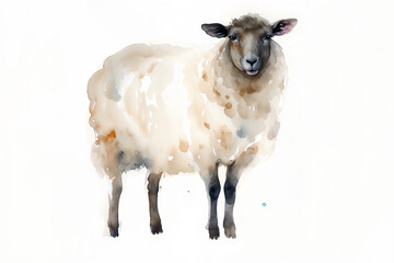 Sheep illustration with watercolor splashes on a white background. Watercolor painting style. Animal art for design and print.