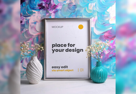 Paint and Flower Vase Scene Portrait Mockup 02 Generative Ai