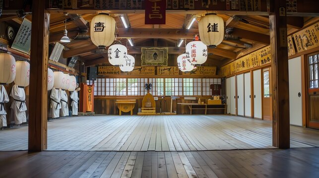 The image shows a large, empty room with a wooden floor and a high ceiling.