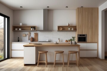 Interior home of modern kitchen with countertop and furniture on white wall, hardwood floor