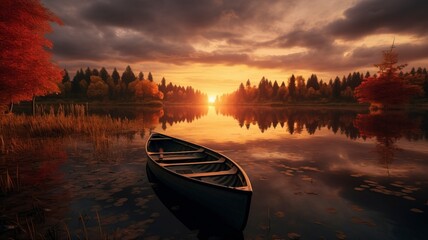 boat in small lake, fall, sunset, landscape photography, generative ai