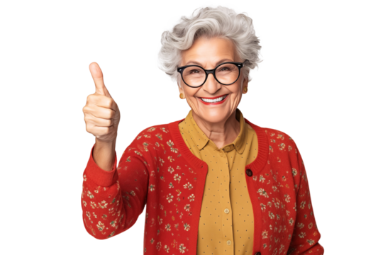 Old woman giving thumbs up on PNG transparent background