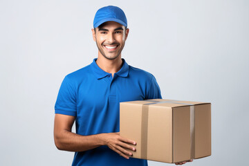 Delivery man wearing blue shirt and cap holding cardboard box, isolated on plain background