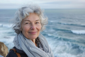 Fototapeta premium portrait of a handsome elderly woman enjoying his holiday on the seashore. woman walking near the sea in autem