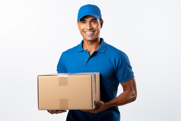 Delivery man wearing blue shirt and cap holding cardboard box, isolated on plain background