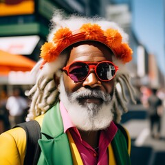 portrait of an african american man with beard wearing colorful sunglasses and hat, smiling.