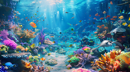 A vibrant underwater scene of a coral reef teeming with marine life. The reef is a burst of colors with various corals, anemones, and sponges. Schools of colorful fish swim in and out of the reef, alo