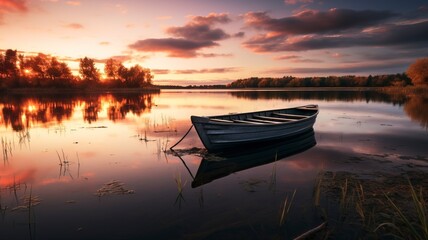Obraz premium boat in small lake, fall, sunset, landscape photography, generative ai