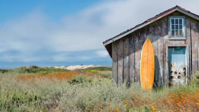 Weathered wood shack with surfboard, coastal meadow flowers, ocean view, and bright sky