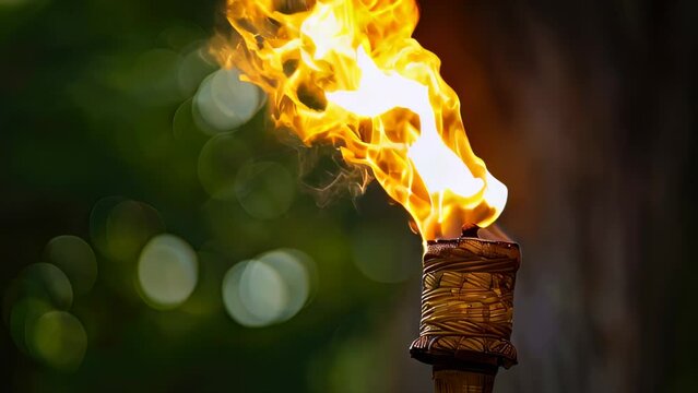 Burning torch with woven handle and flames against blurred green background
