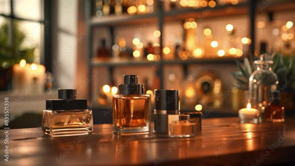 Aufkleber Four perfume bottles are arranged on a wooden table with a warm, inviting ambiance. The bottles are lit by soft candlelight and are displayed against a blurred background of a shelf with more bottles