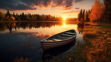 Fototapeta premium boat in small lake, fall, sunset, landscape photography, generative ai