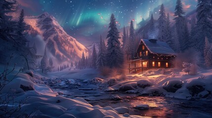 A cozy cabin nestled in the heart of a snowy wilderness, surrounded by towering pine trees and a shimmering stream under an aurora-filled sky, with a focus on the face.