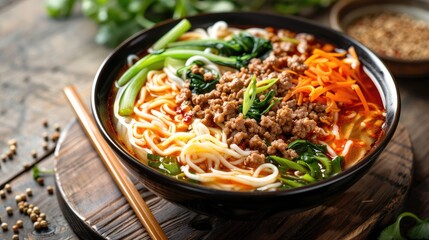 Tasty bowl of Chinese noodles with veggies and ground meat