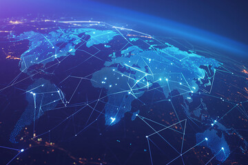 Fototapeta premium Futuristic world map with glowing blue data links showing global communication networks and technological connections