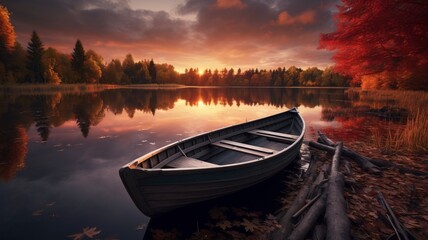 boat in small lake, fall, sunset, landscape photography, generative ai