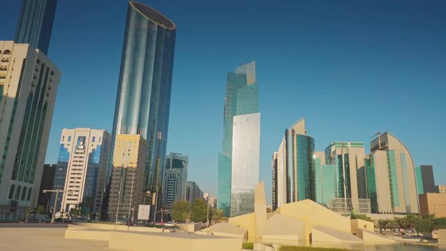 Abu Dhabi, United Arab Emirates - Jan 10 2024, 4k, Panoramic view of the square with the Al Musallah public space, built by the CEBRA, with skyscrapers in background, Abu Dhabi, United Arab Emirates 