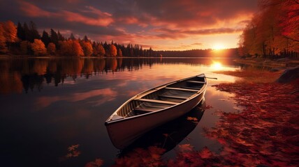 boat in small lake, fall, sunset, landscape photography, generative ai