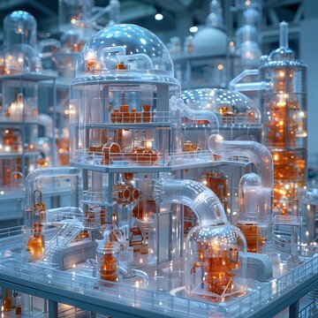 Futuristic Styrene Plastic Factory with Intricate Transparent Structures and Illumination