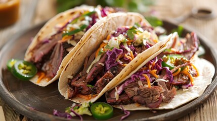 Beef steak tacos are served on the menu restaurant food.