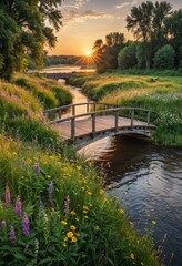 Fototapeta premium Wooden Bridge Over a River at Sunset