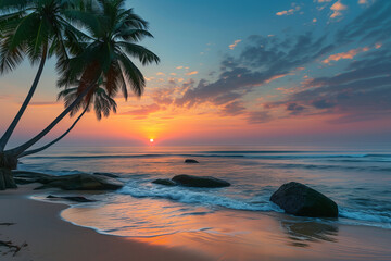 Beautiful colorful sunset over sea and boulders seen under the palms on Sri Lanka


