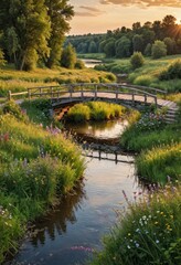 Fototapeta premium Wooden bridge over a tranquil stream in a lush green meadow at sunset.