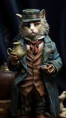 realistic cat as a detective Sherlock Holmes style smoking pipe British, generative ai
