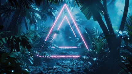 A futuristic triangular portal with neon lights leading to an otherworldly jungle, creating a surreal and vibrant atmosphere for product display