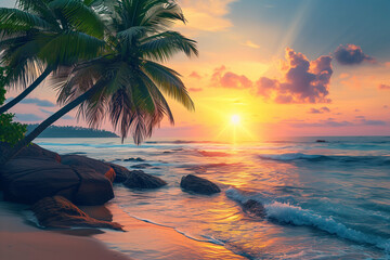 Beautiful colorful sunset over sea and boulders seen under the palms on Sri Lanka


